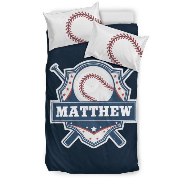 Personalized Baseball Duvet Cover Set, Baseball Player Unique Gift Idea Blue Duvet Cover & Pillowcases, Custom Name Number Bedding Set