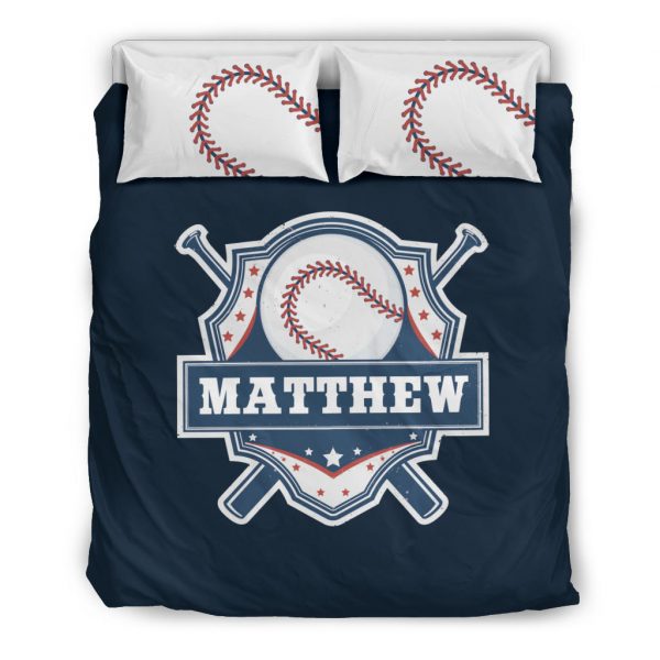 Personalized Baseball Duvet Cover Set, Baseball Player Unique Gift Idea Blue Duvet Cover & Pillowcases, Custom Name Number Bedding Set