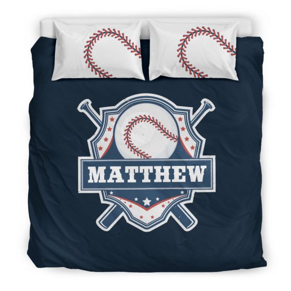 Personalized Baseball Duvet Cover Set, Baseball Player Unique Gift Idea Blue Duvet Cover & Pillowcases, Custom Name Number Bedding Set