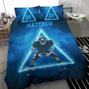 Personalized Football Duvet Cover Set, Football Neon Triangle Player Gift Idea Blue Duvet Cover & Pillowcases, Custom Name Number Bedding Set