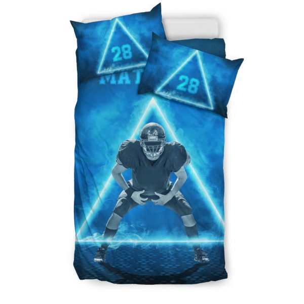Personalized Football Duvet Cover Set, Football Neon Triangle Player Gift Idea Blue Duvet Cover & Pillowcases, Custom Name Number Bedding Set