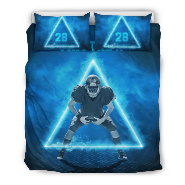 Personalized Football Duvet Cover Set, Football Neon Triangle Player Gift Idea Blue Duvet Cover & Pillowcases, Custom Name Number Bedding Set
