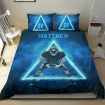 Personalized Football Duvet Cover Set, Football Neon Triangle Player Gift Idea Blue Duvet Cover & Pillowcases, Custom Name Number Bedding Set
