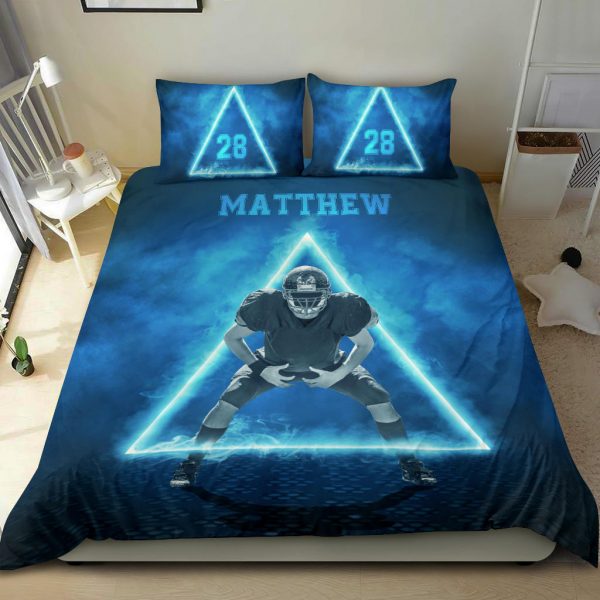 Personalized Football Duvet Cover Set, Football Neon Triangle Player Gift Idea Blue Duvet Cover & Pillowcases, Custom Name Number Bedding Set