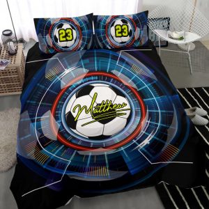 Personalized Soccer Duvet Cover Set, Soccer Ball Effect Black Blue Player Gift Duvet Cover & Pillowcases, Custom Name Number Bedding Set