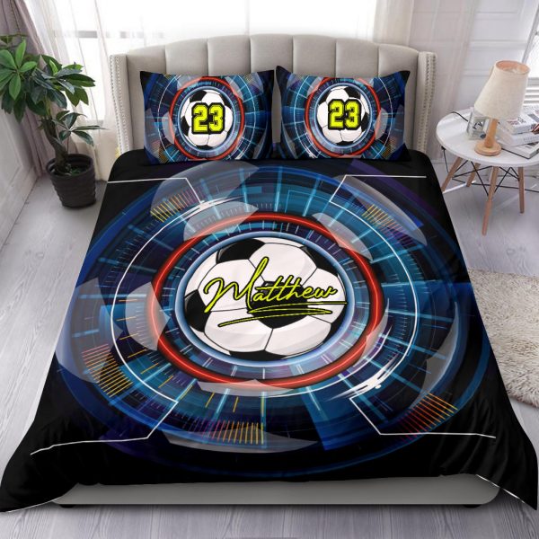 Personalized Soccer Duvet Cover Set, Soccer Ball Effect Black Blue Player Gift Duvet Cover & Pillowcases, Custom Name Number Bedding Set