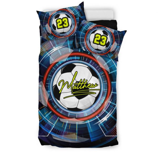 Personalized Soccer Duvet Cover Set, Soccer Ball Effect Black Blue Player Gift Duvet Cover & Pillowcases, Custom Name Number Bedding Set