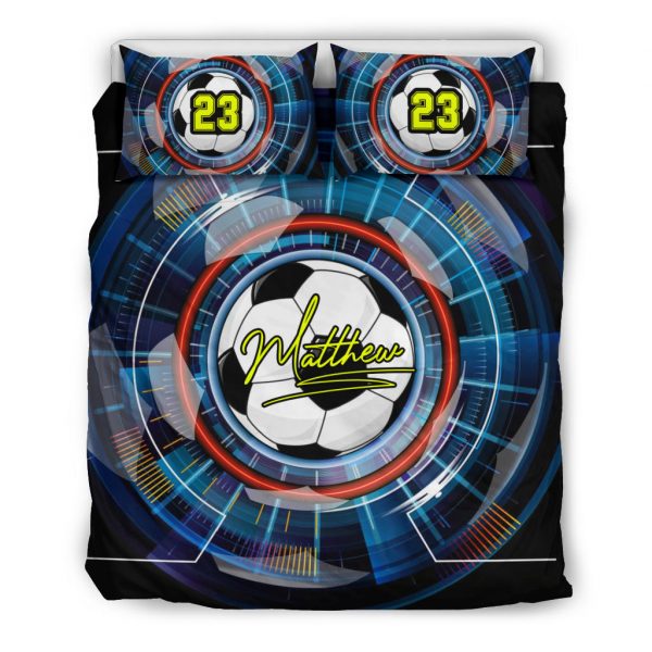 Personalized Soccer Duvet Cover Set, Soccer Ball Effect Black Blue Player Gift Duvet Cover & Pillowcases, Custom Name Number Bedding Set