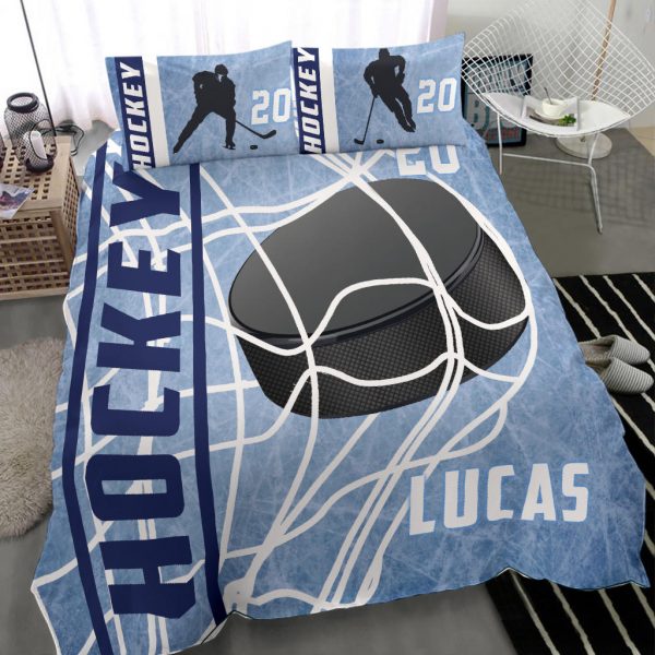 Personalized Hockey Duvet Cover Set, Ice Hockey Puck Player Gift Idea Blue Duvet Cover & Pillowcases, Custom Name Number Bedding Set