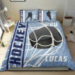 Personalized Hockey Duvet Cover Set, Ice Hockey Puck Player Gift Idea Blue Duvet Cover & Pillowcases, Custom Name Number Bedding Set