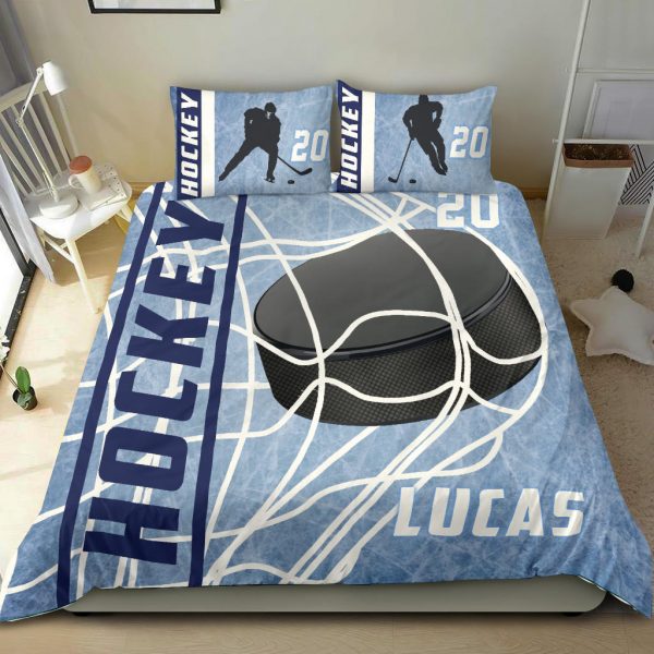 Personalized Hockey Duvet Cover Set, Ice Hockey Puck Player Gift Idea Blue Duvet Cover & Pillowcases, Custom Name Number Bedding Set