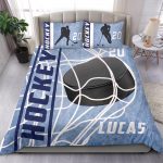 Personalized Hockey Duvet Cover Set, Ice Hockey Puck Player Gift Idea Blue Duvet Cover & Pillowcases, Custom Name Number Bedding Set