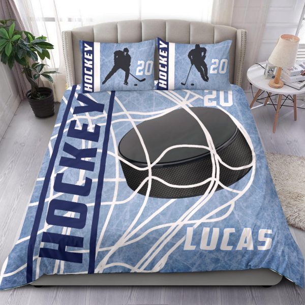 Personalized Hockey Duvet Cover Set, Ice Hockey Puck Player Gift Idea Blue Duvet Cover & Pillowcases, Custom Name Number Bedding Set