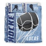 Personalized Hockey Duvet Cover Set, Ice Hockey Puck Player Gift Idea Blue Duvet Cover & Pillowcases, Custom Name Number Bedding Set