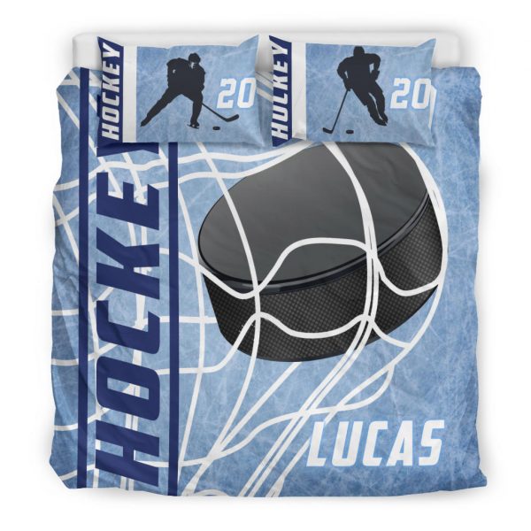 Personalized Hockey Duvet Cover Set, Ice Hockey Puck Player Gift Idea Blue Duvet Cover & Pillowcases, Custom Name Number Bedding Set