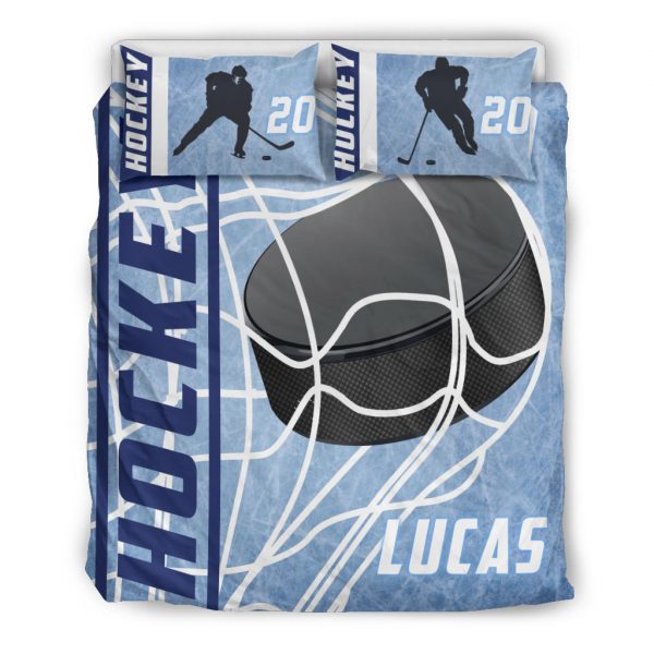 Personalized Hockey Duvet Cover Set, Ice Hockey Puck Player Gift Idea Blue Duvet Cover & Pillowcases, Custom Name Number Bedding Set