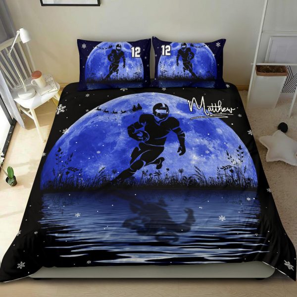 Personalized Football Duvet Cover Set, America Football Blue Moon Player Gift Idea Duvet Cover & Pillowcases, Custom Name Number Bedding Set
