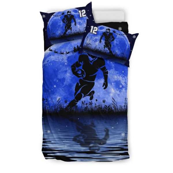 Personalized Football Duvet Cover Set, America Football Blue Moon Player Gift Idea Duvet Cover & Pillowcases, Custom Name Number Bedding Set