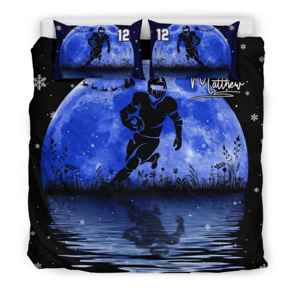 Personalized Football Duvet Cover Set, America Football Blue Moon Player Gift Idea Duvet Cover & Pillowcases, Custom Name Number Bedding Set
