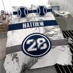 Personalized Baseball Duvet Cover Set, Baseball Blue Player Gift Idea White Duvet Cover & Pillowcases, Custom Name Number Bedding Set