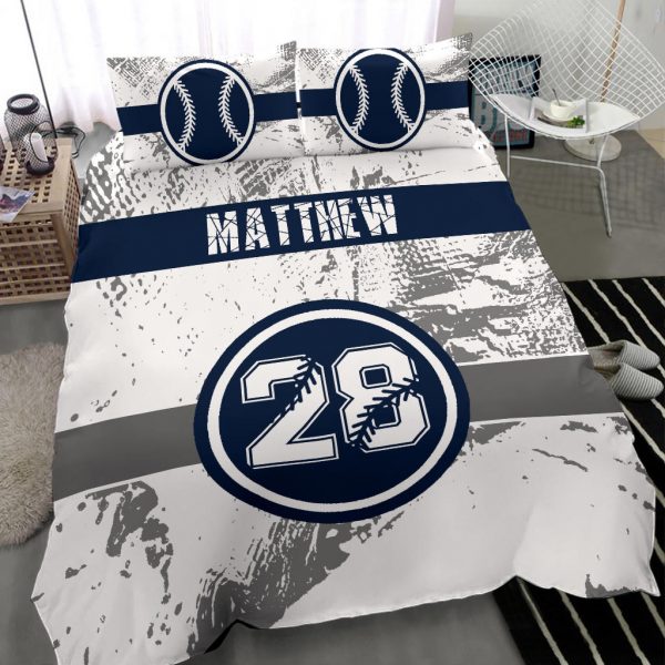 Personalized Baseball Duvet Cover Set, Baseball Blue Player Gift Idea White Duvet Cover & Pillowcases, Custom Name Number Bedding Set