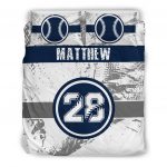 Personalized Baseball Duvet Cover Set, Baseball Blue Player Gift Idea White Duvet Cover & Pillowcases, Custom Name Number Bedding Set