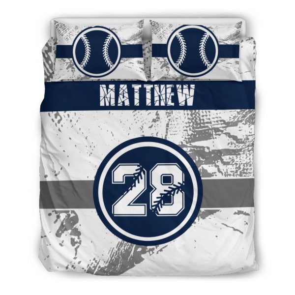 Personalized Baseball Duvet Cover Set, Baseball Blue Player Gift Idea White Duvet Cover & Pillowcases, Custom Name Number Bedding Set