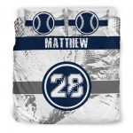 Personalized Baseball Duvet Cover Set, Baseball Blue Player Gift Idea White Duvet Cover & Pillowcases, Custom Name Number Bedding Set