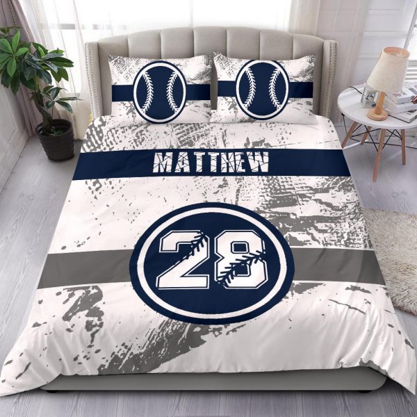 Personalized Baseball Duvet Cover Set, Baseball Blue Player Gift Idea White Duvet Cover & Pillowcases, Custom Name Number Bedding Set