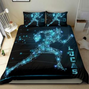 Personalized Football Duvet Cover Set, Football Digital Line Player Gift Idea Blue Duvet Cover & Pillowcases, Custom Name Number Bedding Set
