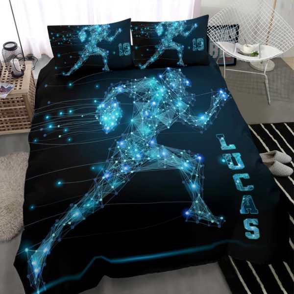 Personalized Football Duvet Cover Set, Football Digital Line Player Gift Idea Blue Duvet Cover & Pillowcases, Custom Name Number Bedding Set