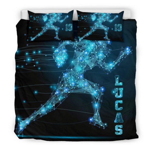 Personalized Football Duvet Cover Set, Football Digital Line Player Gift Idea Blue Duvet Cover & Pillowcases, Custom Name Number Bedding Set
