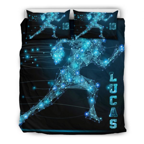 Personalized Football Duvet Cover Set, Football Digital Line Player Gift Idea Blue Duvet Cover & Pillowcases, Custom Name Number Bedding Set