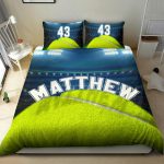 Personalized Tennis Duvet Cover Set, Tennis Ball Stadium Player Gift Green Blue Duvet Cover & Pillowcases, Custom Name Number Bedding Set