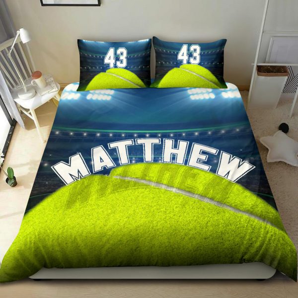 Personalized Tennis Duvet Cover Set, Tennis Ball Stadium Player Gift Green Blue Duvet Cover & Pillowcases, Custom Name Number Bedding Set