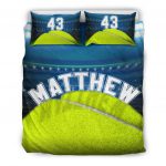 Personalized Tennis Duvet Cover Set, Tennis Ball Stadium Player Gift Green Blue Duvet Cover & Pillowcases, Custom Name Number Bedding Set