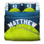 Personalized Tennis Duvet Cover Set, Tennis Ball Stadium Player Gift Green Blue Duvet Cover & Pillowcases, Custom Name Number Bedding Set