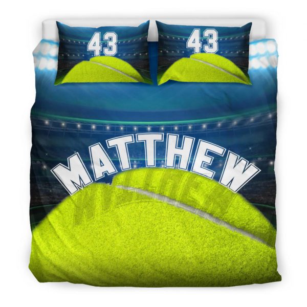 Personalized Tennis Duvet Cover Set, Tennis Ball Stadium Player Gift Green Blue Duvet Cover & Pillowcases, Custom Name Number Bedding Set