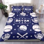 Personalized Baseball Duvet Cover Set, Baseball Boy Ball Helmet Player Gift Idea Blue Duvet Cover & Pillowcases, Custom Name Bedding Set