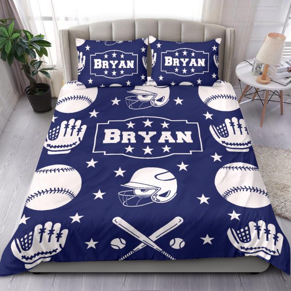 Personalized Baseball Duvet Cover Set, Baseball Boy Ball Helmet Player Gift Idea Blue Duvet Cover & Pillowcases, Custom Name Bedding Set