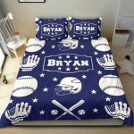 Personalized Baseball Duvet Cover Set, Baseball Boy Ball Helmet Player Gift Idea Blue Duvet Cover & Pillowcases, Custom Name Bedding Set