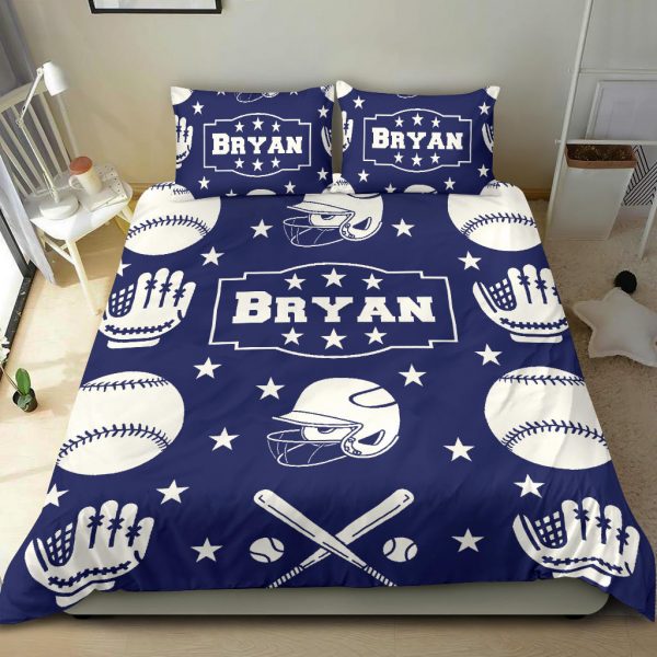 Personalized Baseball Duvet Cover Set, Baseball Boy Ball Helmet Player Gift Idea Blue Duvet Cover & Pillowcases, Custom Name Bedding Set