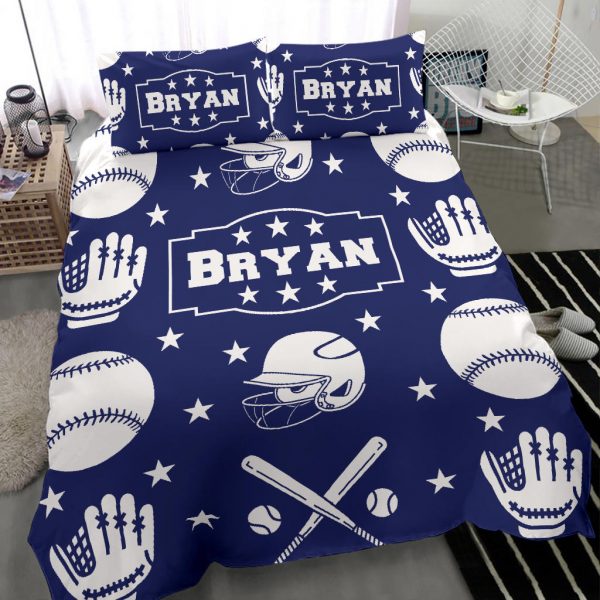 Personalized Baseball Duvet Cover Set, Baseball Boy Ball Helmet Player Gift Idea Blue Duvet Cover & Pillowcases, Custom Name Bedding Set