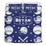 Personalized Baseball Duvet Cover Set, Baseball Boy Ball Helmet Player Gift Idea Blue Duvet Cover & Pillowcases, Custom Name Bedding Set
