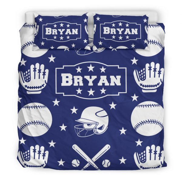 Personalized Baseball Duvet Cover Set, Baseball Boy Ball Helmet Player Gift Idea Blue Duvet Cover & Pillowcases, Custom Name Bedding Set