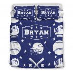 Personalized Baseball Duvet Cover Set, Baseball Boy Ball Helmet Player Gift Idea Blue Duvet Cover & Pillowcases, Custom Name Bedding Set