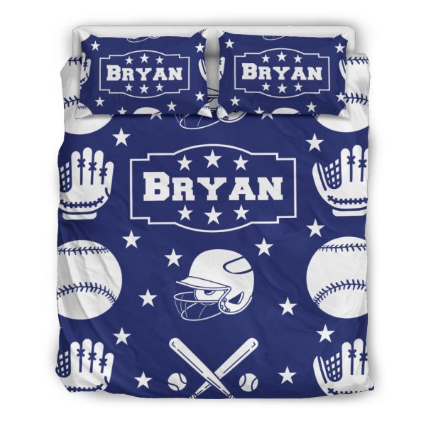 Personalized Baseball Duvet Cover Set, Baseball Boy Ball Helmet Player Gift Idea Blue Duvet Cover & Pillowcases, Custom Name Bedding Set