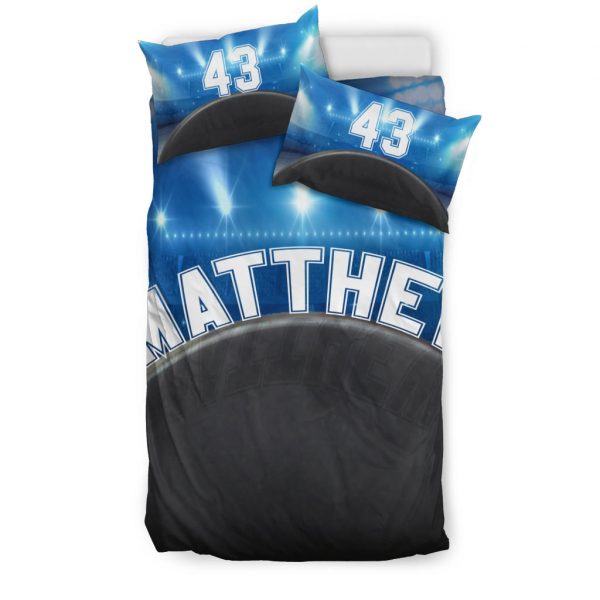 Personalized Hockey Duvet Cover Set, Hockey Puck Stadium Player Gift Idea Black Blue Duvet Cover & Pillowcases, Custom Name Bedding Set