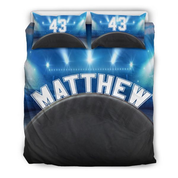 Personalized Hockey Duvet Cover Set, Hockey Puck Stadium Player Gift Idea Black Blue Duvet Cover & Pillowcases, Custom Name Bedding Set