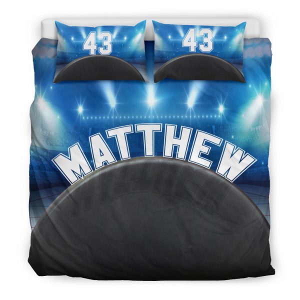Personalized Hockey Duvet Cover Set, Hockey Puck Stadium Player Gift Idea Black Blue Duvet Cover & Pillowcases, Custom Name Bedding Set
